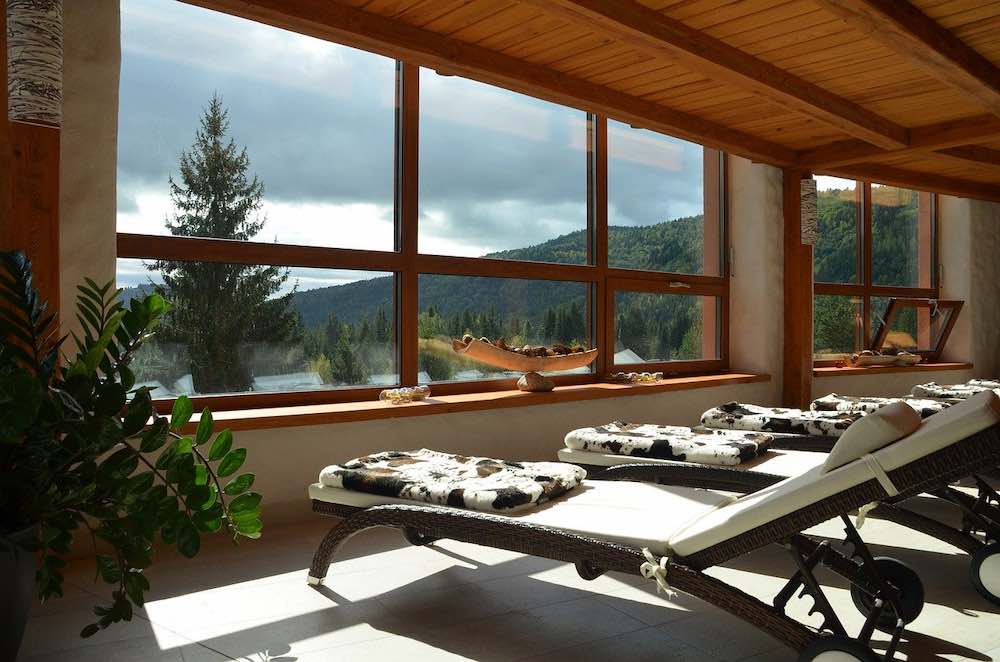 Vue sur la nature depuis des fenêtres de maison passive